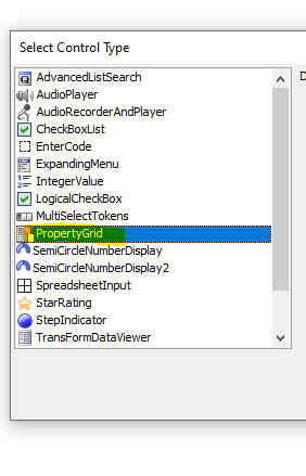 Choose the Property Grid control from the list of available controls.